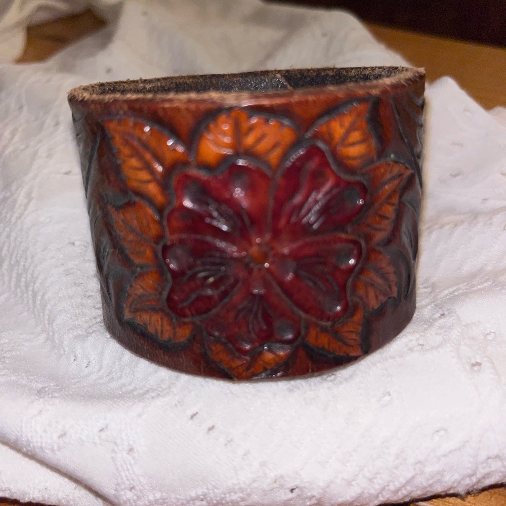 Floral Embossed Leather Cuff Bracelet